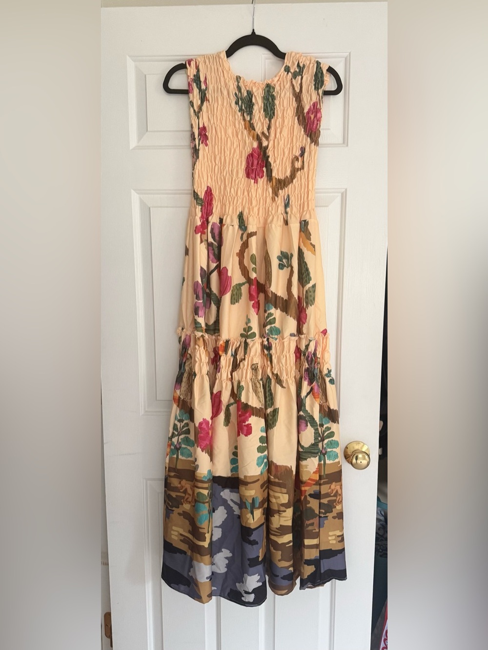 Source Unknown Cream Floral Tiered Maxi Dress with Pink & Green